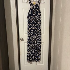 Maeve Navy and Cream Geometric Maxi Dress